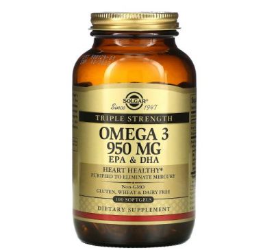 Solgar, омега-3, ЕПК та ДГК, потрійна концентрація, 950 мг, 100 капсул
