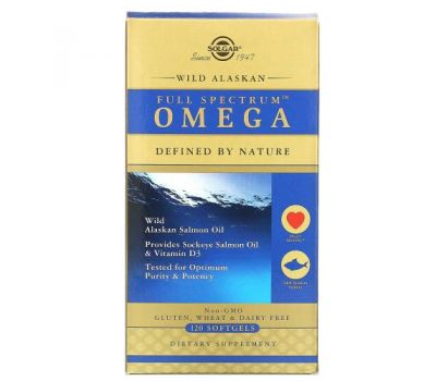 Solgar, омега-кислоти Full Spectrum, жир дикого аляскинського лосося, 120 капсул