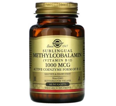 Solgar, сублінгвальний метилкобаламін (вітамін В12), 1000 мкг, 60 капсул