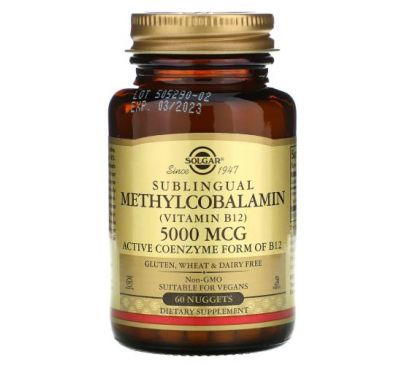 Solgar, сублінгвальний метилкобаламін (вітамін В12), 5000 мкг, 60 капсул