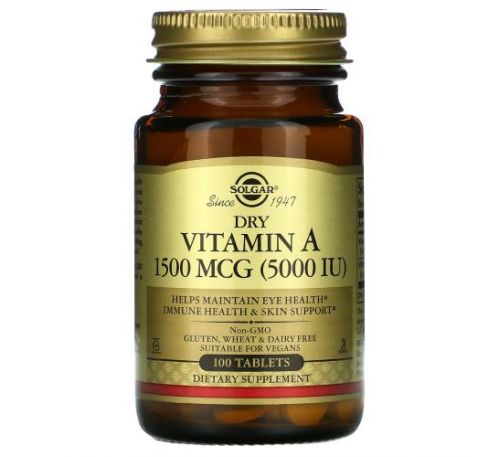 Solgar, сухий вітамін A, 1500 мкг (5000 МО), 100 таблеток