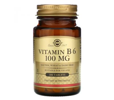 Solgar, вітамін B6, 100 мг, 100 таблеток