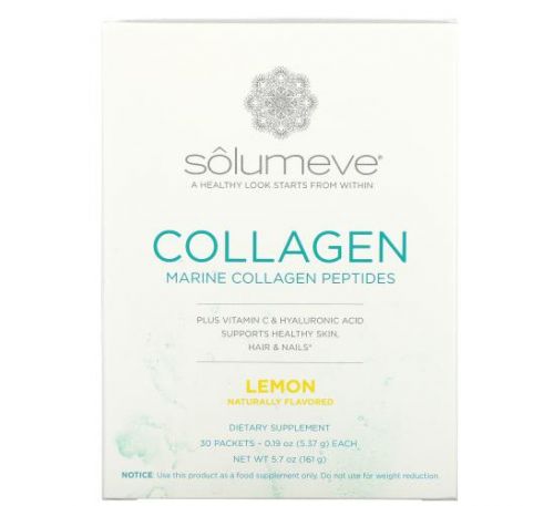 Solumeve, пептиди колагену, вітамін С та гіалуронова кислота, смак лимону, 30 пакетиків, по 5,37 г (0,19 унції)