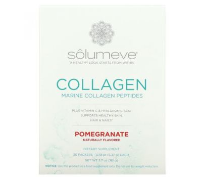 Solumeve, пептиды коллагена с витамином C и гиалуроновой кислотой, гранат, 30 пакетиков по 5,37 г (0,19 унции)