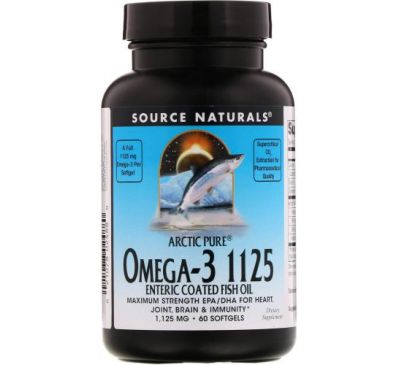 Source Naturals, Арктический чистый рыбий жир с Омега-3 1125, покрытый кишечнорастворимой оболочкой, 1,125 мг, 60 гелевых капсул