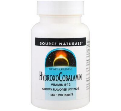 Source Naturals, гидроксокобаламин, витамин B12, пастилки со вкусом вишни, 1 мг, 240 таблеток