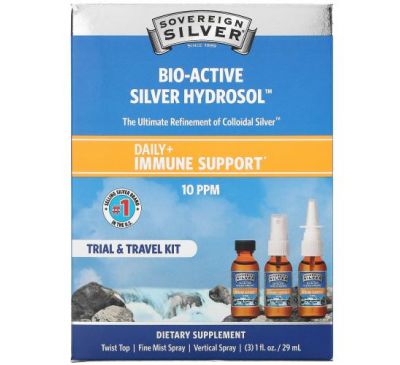 Sovereign Silver, Daily + Immune Support, Trial & Travel Kit, 10 PPM, 3 Piece Kit