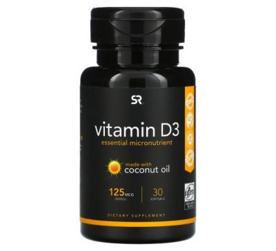 Sports Research, витамин D3 с кокосовым маслом, 125 мкг (5000 МЕ), 30 мягких таблеток