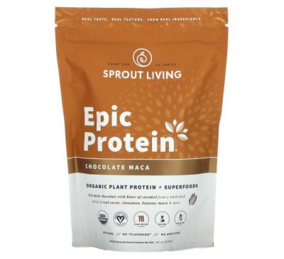 Sprout Living, Epic Protein, органический растительный протеин и суперпродукты, шоколад и мака, 455 г (1 фунт)