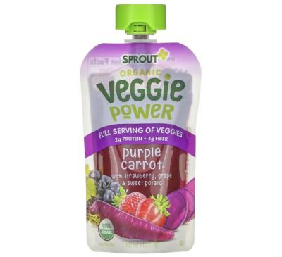 Sprout Organic, Veggie Power, фиолетовая морковь с клубникой, виноградом и бататом, 113 г (4 унции)