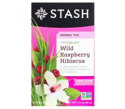 Stash Tea, Herbal Tea, гибискус с дикой малиной, без кофеина, 20 чайных пакетиков, 38 г (1,3 унции)