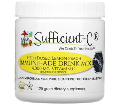 Sufficient C, Высокодозированная смесь для напитков с иммунитетом, лимон и персик, 4000 мг, 125 г