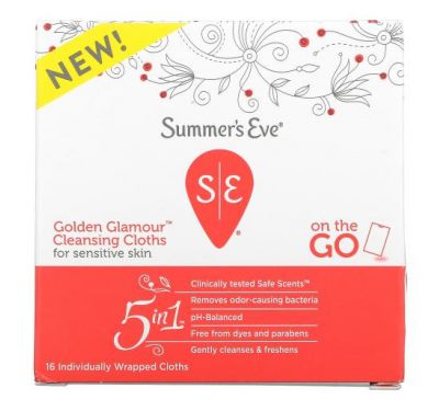 Summer's Eve, 5 In 1 Golden Glamour, очищувальні серветки, для використання в дорозі, 16 індивідуально упакованих серветок