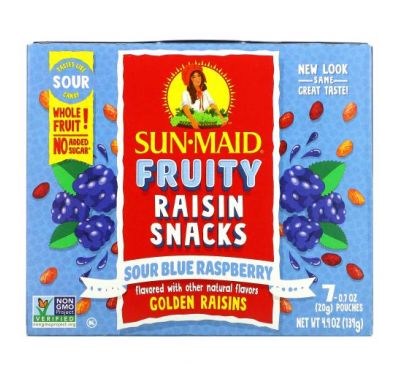 Sun-Maid, Fruity Raisin Snacks, Sour Blue Raspberry, 7 Pouches, 0.7 oz (20 g) Each