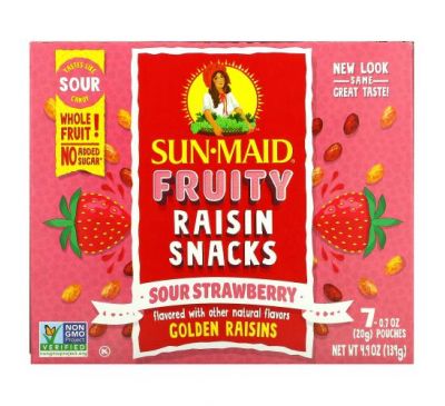 Sun-Maid, Fruity Raisin Snacks, Sour Strawberry, 7 Pouches, 0.7 oz (20 g) Each