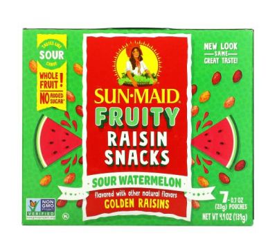 Sun-Maid, Fruity Raisin Snacks, кислый арбуз, 7 пакетиков по 20 г (0,7 унции)