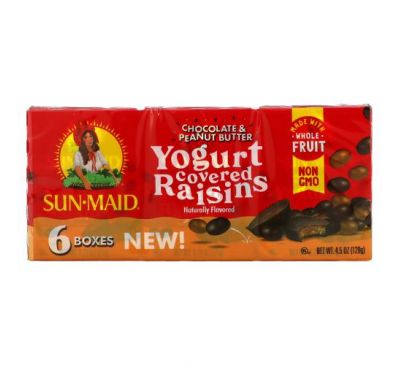 Sun-Maid, Yogurt Covered Raisins, Chocolate & Peanut Butter,  6 Boxes, 0.75 oz (21 g) Each