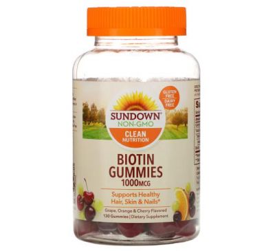Sundown Naturals, Biotin Gummies, Grape, Orange and Cherry Flavored, 1,000 mcg, 130 Gummies