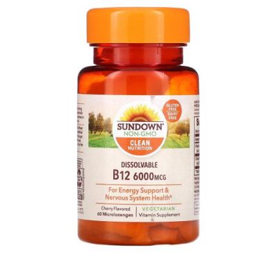 Sundown Naturals, Dissolvable B12, Cherry Flavored, 6,000 mcg, 60 Microlozenges