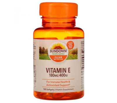 Sundown Naturals, Витамин E, 180 мг (400 МЕ), 100 мягких таблеток