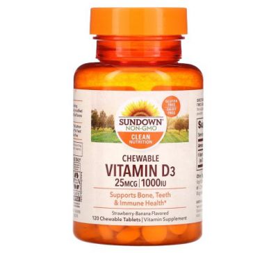 Sundown Naturals, жувальний вітамін D3, полуниця та банан, 25 мг (1000 МО), 120 жувальних таблеток