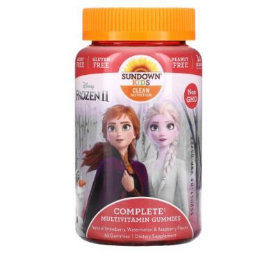 Sundown Naturals Kids, Disney Frozen II, повний комплекс мультивітамінів у жувальних таблетках, зі смаком натуральної полуниці, кавуна й малини, 60 жувальних таблеток