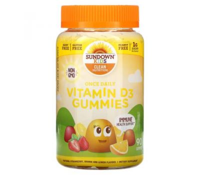 Sundown Naturals Kids, щоденні жувальні цукерки з вітаміном D3, натуральна полуниця, апельсин і лимон, 90 таблеток