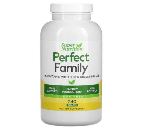 Super Nutrition, Perfect Family, мультивітаміни з суперзеленню й травами, без заліза, 240 таблеток