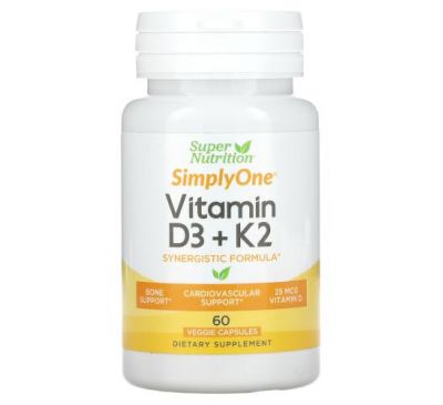 Super Nutrition, вітаміни D3 і К2, 60 рослинних капсул