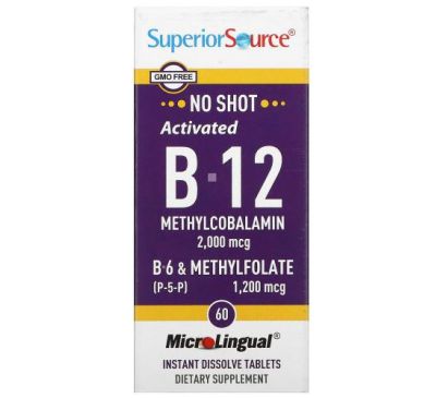 Superior Source, Activated B-12 Methylcobalamin, B-6 (P-5-P) & Methylfolate, 2,000 mcg/1,200 mcg, 60 Tablets