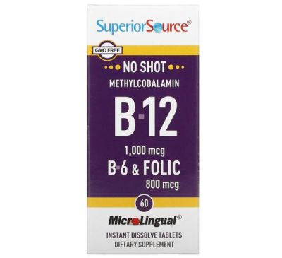 Superior Source, метилкобаламін, вітаміни B12, B6 і фолієва кислота, 60 швидкорозчинних таблеток MicroLingual