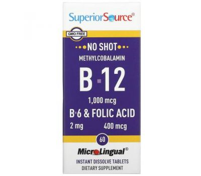 Superior Source, метилкобаламін, вітаміни B12, B6 і фолієва кислота, 60 швидкорозчинних таблеток MicroLingual