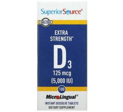 Superior Source, витамин D3 с повышенной силой действия, 125 мкг (5000 МЕ), 100 быстрорастворимых таблеток MicroLingual