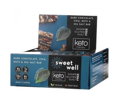 Sweetwell, Keto Bar, чиа, орехи, морская соль и темный шоколад, 10 батончиков по 32 г (1,1 унции)