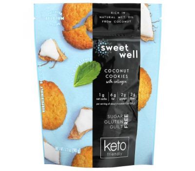 Sweetwell, Кето-печенье, с коллагеном, кокос, 90 г (3,2 унции)
