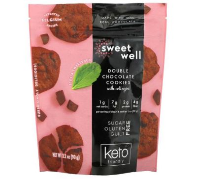 Sweetwell, Keto Cookies, with Collagen, Double Chocolate, 3.2 oz (90 g)