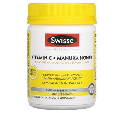 Swisse, Ultiboost, Vitamin C + Manuka Honey, Delicious Natural Honey & Lemon Flavor, 120 Chewable Tablets