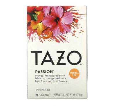 Tazo Teas, Passion, травяной чай, без кофеина, 20 чайных пакетиков, 52 г (1,8 унции)