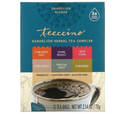 Teeccino, Dandelion Herbal Tea Sampler, 6 Flavors, Caffeine Free, 12 Tea Bags, 2.54 oz (72 g)