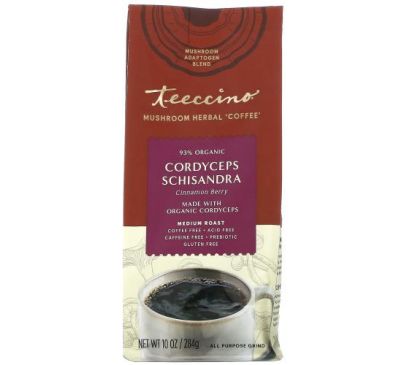 Teeccino, Mushroom Herbal Coffee, Cordyceps Schisandra, Cinnamon Berry, Medium Roast, Caffeine Free, 10 oz (284 g)