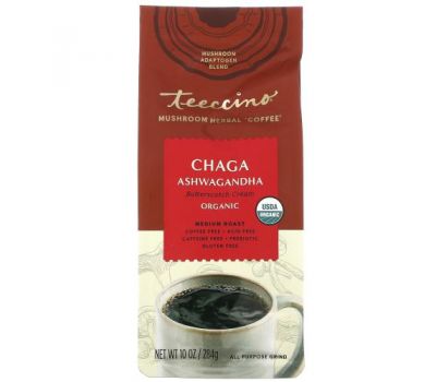 Teeccino, Mushroom Herbal Coffee, Medium Roast, Caffeine Free, Chaga Ashwagandha, 10 oz (284 g)