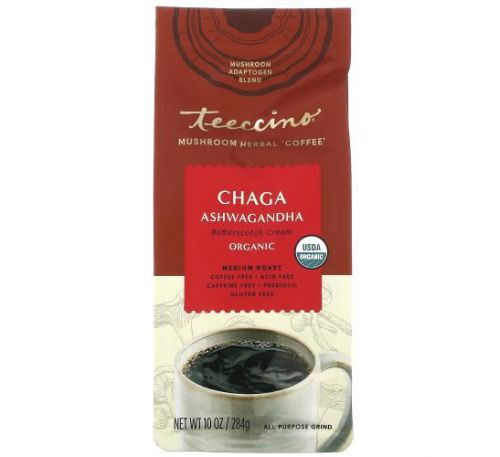 Teeccino, Mushroom Herbal Coffee, Medium Roast, Chaga Ashwagandha, Caffeine Free, 10 oz (284 g)