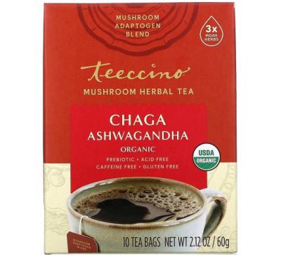 Teeccino, чай из грибов и трав, органическая чага, ашвагандха, «Жидкий ирис», без кофеина, 10 чайных пакетиков, 60 г (2,12 унции)