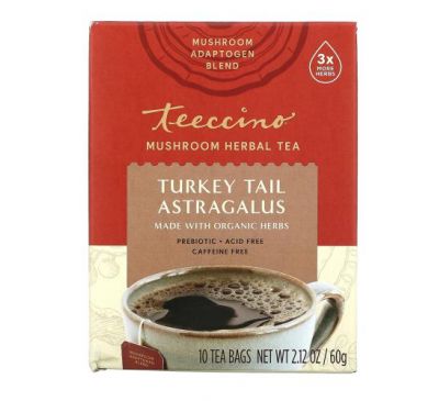 Teeccino, Mushroom Herbal Tea, Turkey Tail Astragalus, 10 Tea Bags, 2.12 oz (60 g)