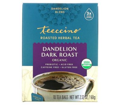 Teeccino, Органический обжаренный травяной чай, темная обжарка с одуванчиком, без кофеина, 10 чайных пакетиков, 60 г (2,12 унции)