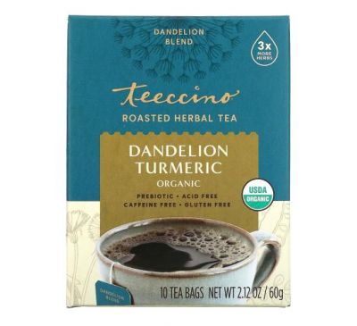 Teeccino, Органический обжаренный травяной чай с корнем одуванчика и куркумой, не содержит кофеина, 10 чайных пакетиков, 60 г