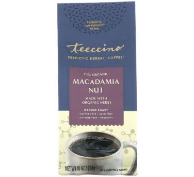 Teeccino, Prebiotic Herbal Coffee, Macadamia Nut, Medium Roast, Caffeine Free, 10 oz (284 g)