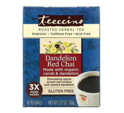 Teeccino, Roasted Herbal Tea, Dandelion Red Chai, Caffeine Free, 10 Tea Bags, 2.12 oz (60 g)