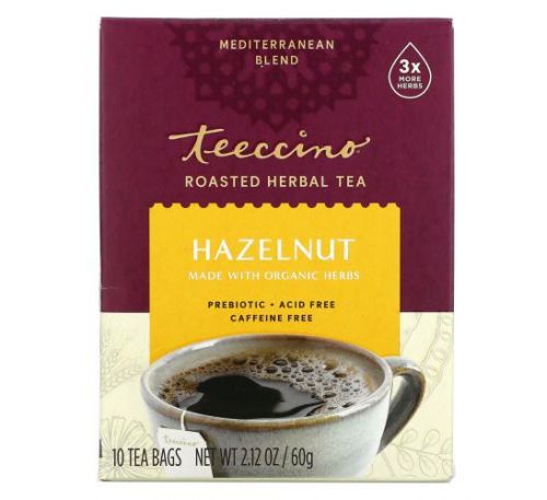 Teeccino, Roasted Herbal Tea, Hazelnut, Caffeine Free, 10 Tea Bags, 2.12 oz (60 g)