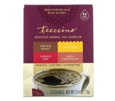Teeccino, Пробник обжаренного травяного чая, 4 вкуса, без кофеина, 12 чайных пакетиков, 72 г (2,54 унции)